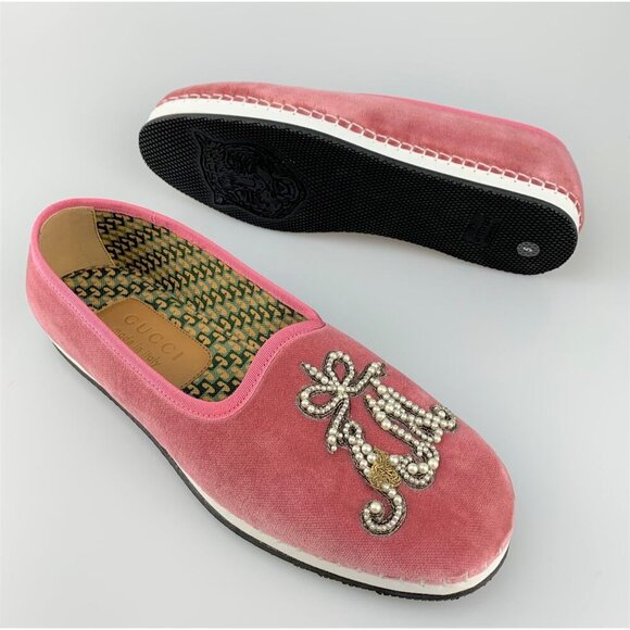 NIB Gucci Pink Velvet Pearl Monogram Slip on Loafers Size 5.5 - Picture 3 of 10